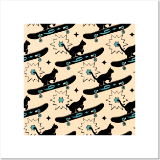 Cool Skater Black Cat Pattern in beige Posters and Art